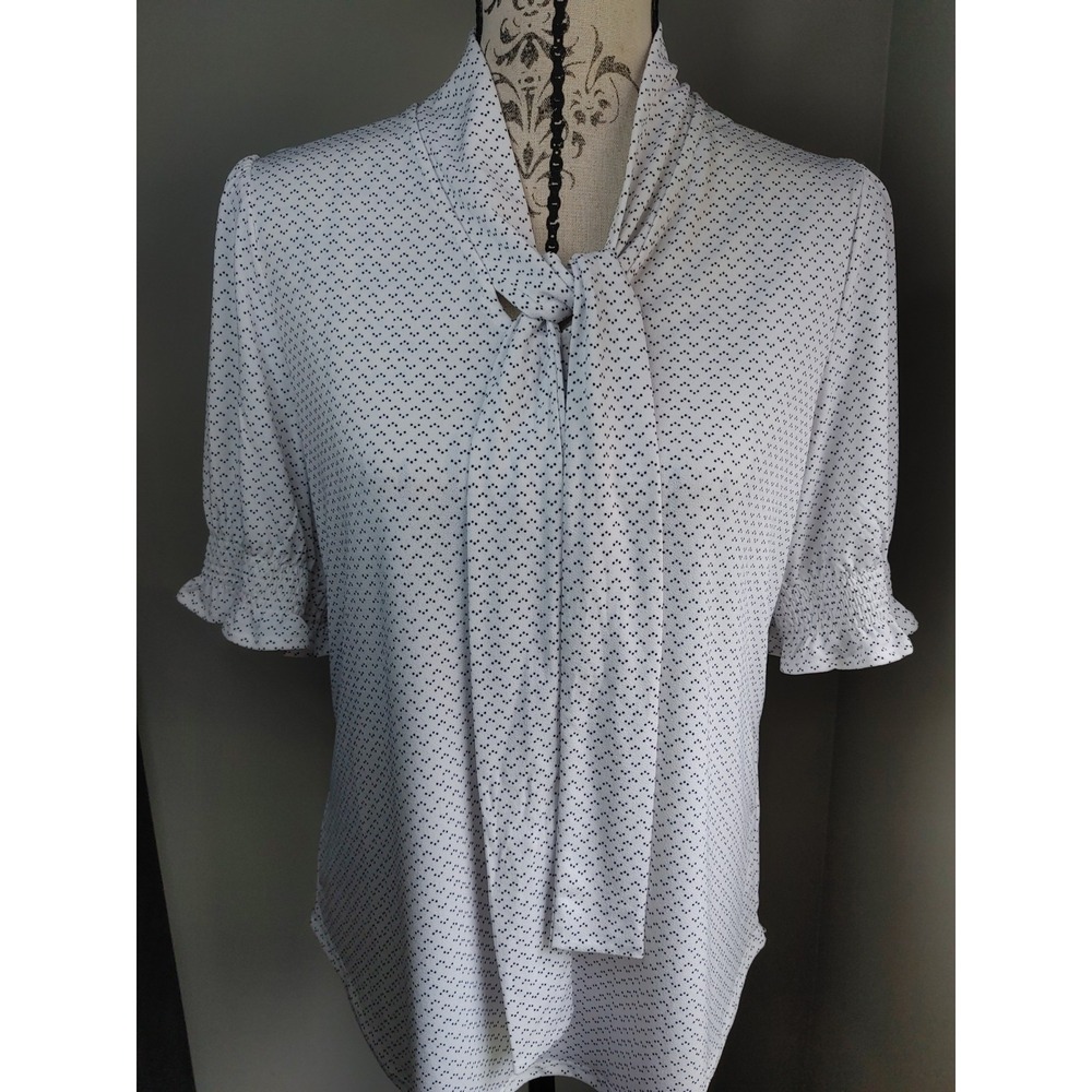 Adrianna Papell Gorpcore Bow Tie Neck Blouse Med Smock Ruff Short Sleeve Office